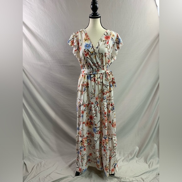 Boho Floral Print Butterfly Sleeve Ruffle Hem Belted Dress - Picture 6 of 8